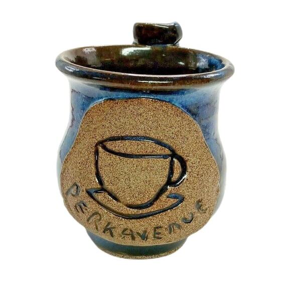 Vintage Perk Avenue Coffee Mug Madison Georgia Signed Pottery Blue Brown Cup VTG - Picture 1 of 12